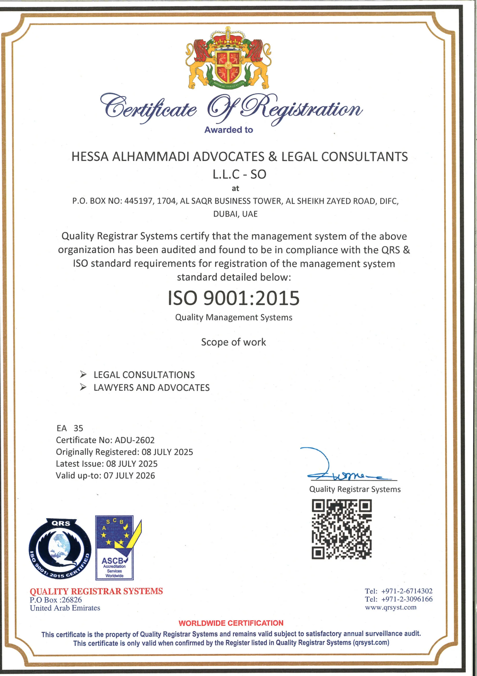 ISO certificate awarded to Hessa Al Hammadi